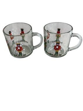 Vintage Libbey Nutcracker Soldier Clear Glass Holiday Mugs Set Coffee Tea 10oz